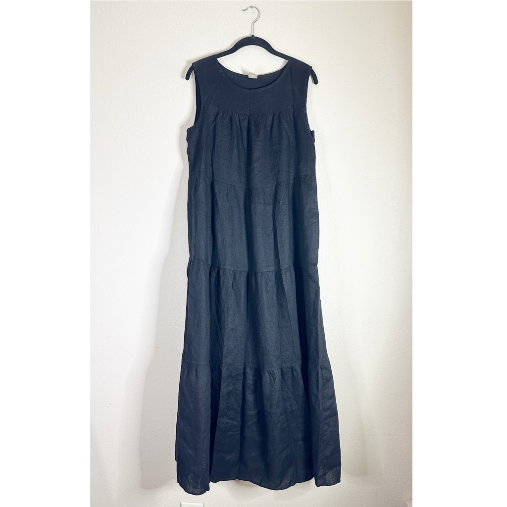 Magaschoni Black Linen Sleeveless Tiered Maxi Dress M